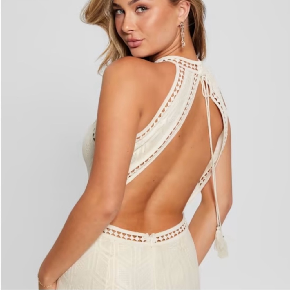 PEACH COLOR CROCHET GUESS MAXI DRESS